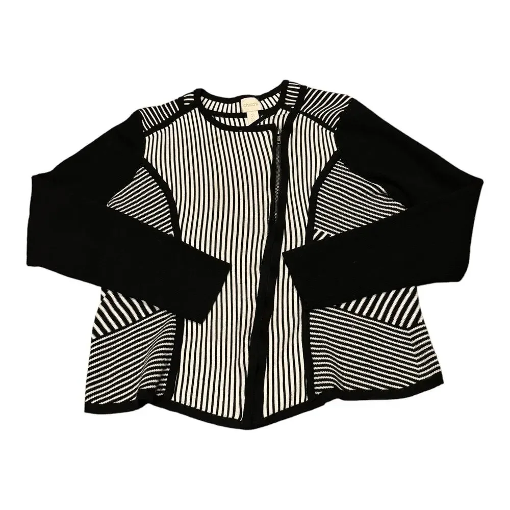 Chico's Natania Black/White Stripe asymmetrical Zip Up Cardigan Sweater size 12